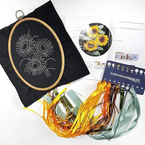 FONNUY Ribbon Embroidery 3D Flowers Pattern Design Kit Embroidery DIY Handwork Set Oval Home Decoration (Sunflower)
