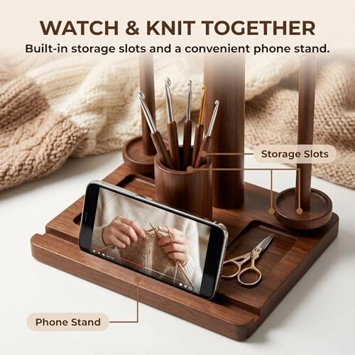 Wooden Yarn Holder for Crocheting & Knitting - Upgraded Magnetic Rotating Dual Spindle Yarn Spinner with Phone Stand & Hook Storage - Tangle Yarn Dispenser, Perfect Gift for Knitters & Crafters