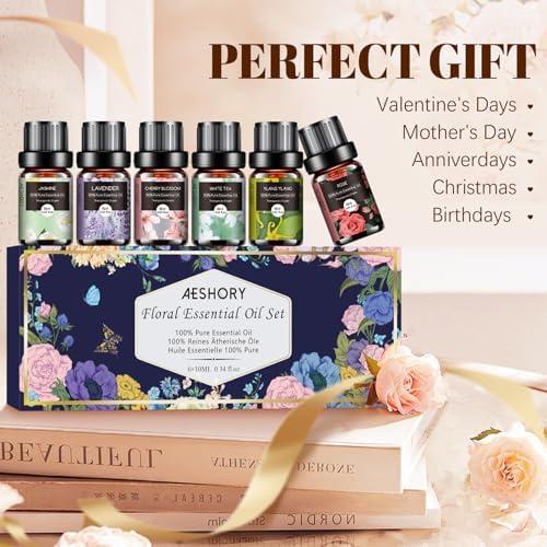 Floral Essential Oils Set - 6x10ML Fragrance Oil for Diffusers, Massage, Aromatherapy, Candle Making - Lavender, Rose, White Tea, Jasmine, Ylang-Ylang, Cherry Blossom Scented Oil
