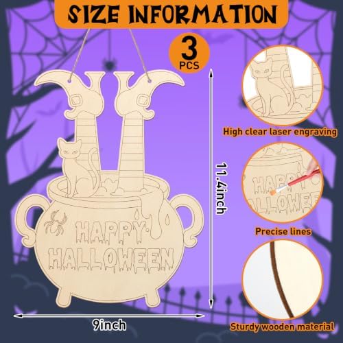 Paintable Halloween Ornaments 3 Sets, Wooden Happy Halloween Cauldron Ornaments to Paint, Unfinished Bat Cat Witch Wreaths Wood Crafts for Painting, DIY Wood Cutouts Hanging Ornament for Door Decor