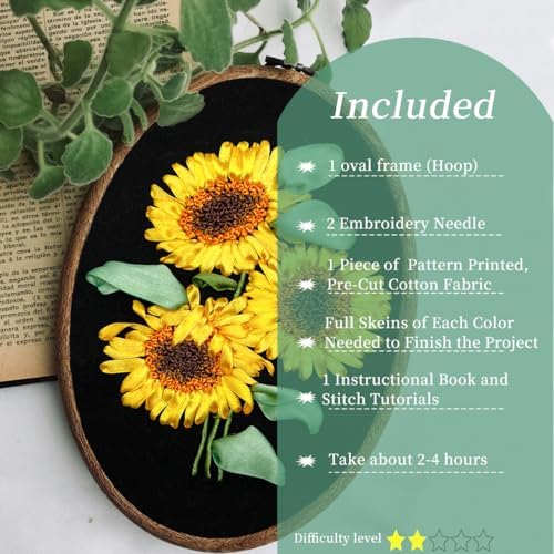 FONNUY Ribbon Embroidery 3D Flowers Pattern Design Kit Embroidery DIY Handwork Set Oval Home Decoration (Sunflower)