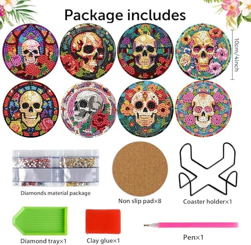 Diamond Art Coasters Kit, 8 Pieces Skull Diamond Painting Coasters Kit