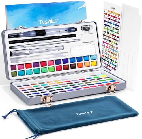 JusArt 108 Colors Watercolor Paint Set,Art Supplies with Metallic Color, Detail Painting Brushes, Water Brush Pens, Portable Travel Watercolor Painting Set for Artists