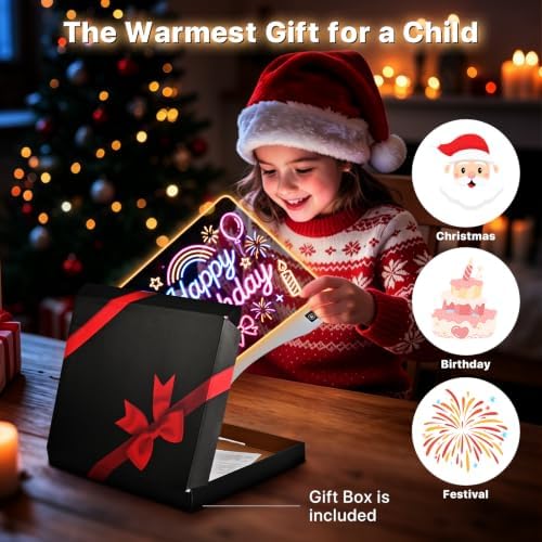 Rechargeable LED Glow Drawing Board, 9 Colors 6 Light Modes Scratch Proof Dry Erase Art Set with Stand, 12 Markers & Sketch Book, Birthday Gift for Toddlers Kids Ages 3+