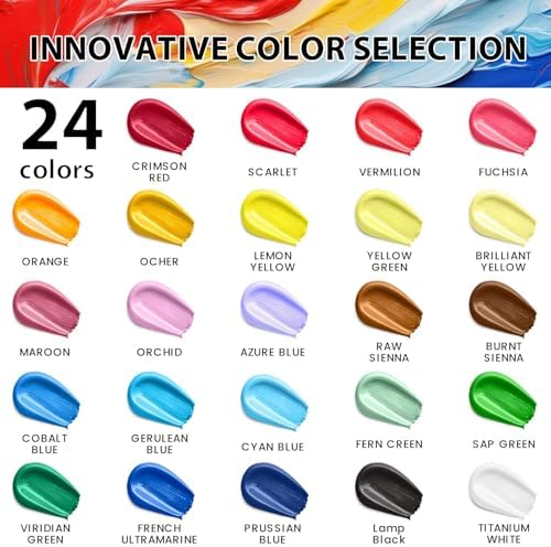 40 Pcs Acrylic Paint Set - 24 Colors (2oz/60ml) with 12 Brushes, 2 Knives & Palette - Rich Pigments for Adult, Artists & Beginners - Painting on Halloween Pumpkin Canvas Ceramic Rock Wood