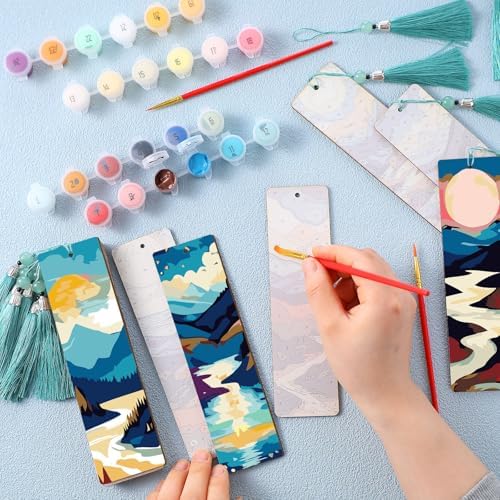 Kosiz 12 Pcs Mountain Paint by Number Kit for Adult Wood Bookmark | Mini Paint by Numbers Kit, Painting Decor, Tassels Blank Bookmarks, for Small DIY Craft Book Lovers Gift 7x2 ''