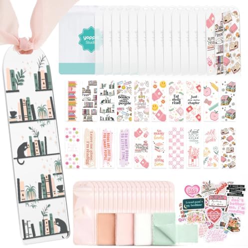 YOPPIX 6x2” Acrylic Bookmark Blanks- 20 Set Bookmark Making Kit with 20 UV DTF Stickers About Booklover Theme 20 Ribbon 80 Bookish Stickers for DIY Your Crafts Gift for Book Lover
