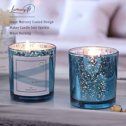 LAMORGIFT 15 Pack Glass Candle Jars with Lids (8oz, Lake Blue) - Candle Making Jars Containers for Making Candles - Mercury Glass Candle Jars Include 20 Pcs Labels