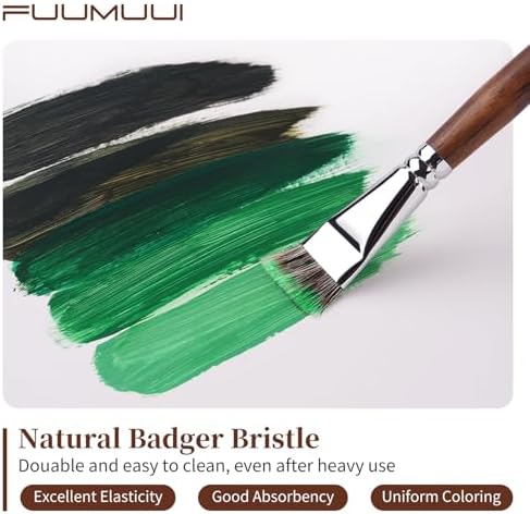 Fuumuui Professional Paint Brush Set, 4Pcs Natural Badger Hair with Flat Shape Blending Mop Oil Paint Brushes for Acrylic Painting Oil and Gouache