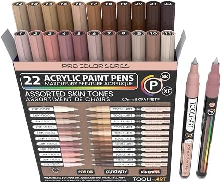 Acrylic Paint Pens 22 Skin Tones Assorted Pro Color Series Markers Set 0.7mm Extra Fine Tip for Rock Painting, Glass, Mugs, Wood, Metal, Canvas, Projects, Non Toxic, Waterbased, Quick Drying