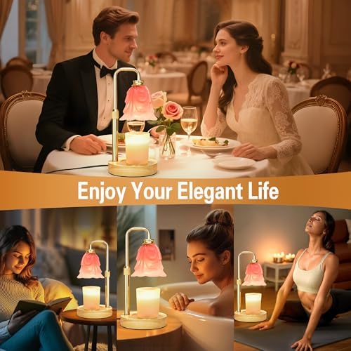 XJZJY Pink Glass Flower Candle Warmer Lamp with Timer, Home Decor Gifts | Dimmable wax melt warmer with 2 bulbs for jar candles, height adjustable, pink tulip design, home decor, housewarming gifts