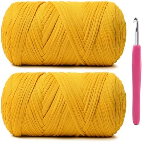 2 Pack Soft Tshirt Crochet Yarn, 800g/228yds High Elastic Hand Knitting Yarns, Thick T Shirt Yarn for Crocheting Bags, Baskets, Cushions, DIY Crafts(2 Golden)