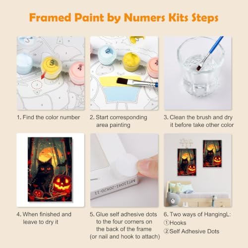 MOGTAA Halloween Paint by Numbers Kit for Adults Beginners with Frame, Pumpkin Adult Paint by Number Kits on Canvas with Easel, Easy DIY Black Cat Oil Painting Kits for Home Decor, 8x12in