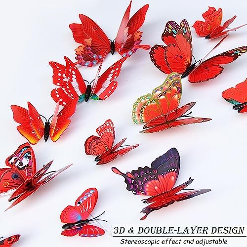 OPSEAM 3D Butterfly Wall Decor Butterfly Decorations Stickers with Magnets | 72 PCS Red,12 Styles Double Layer Butterfly for Classroom Decoration,Locker Refrigerator, Reusable,Waterproof