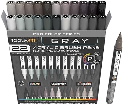 TOOLI-ART 22 Flexible Brush Tip Acrylic Paint Pens Markers Set 1-7mm Line for Rock Painting, Glass, Mugs, Wood, Metal, Canvas, Plastic. Non Toxic Waterbased Quick Drying Assorted Gray