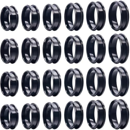 SUNNYCLUE 1 Box 24Pcs Stainless Steel Black Finger Ring Blank Core Inlay Round Grooved Rings Blank US Size 7/8/9/10/11/12 Empty Finger Findings for Jewelry Making Kits Men Women DIY Craft Supplies