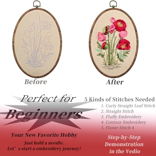 FONNUY Ribbon Embroidery 3D Flowers Pattern Design Kit Embroidery DIY Handwork Set Oval Home Decoration (Red Rose)