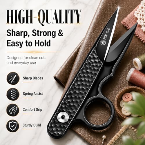 Premium Sewing Scissors, Sharp Precision Thread Snips with Stainless Steel Blades, Upgrade Small Craft Scissors with Black Hammered Handle for Embroidery, Quilting, Fabric, Leather & DIY Projects