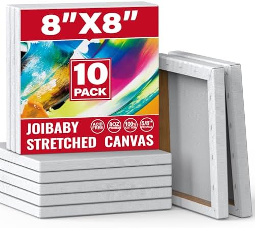 Stretched Canvas for Painting,10Pack 8X8 Inch Stretched White Blank Canvas,8 Oz Triple Primed 5/8" Profile Stretched Canvases,100% Cotton,Canvas for Painting, for Acrylics, Oils