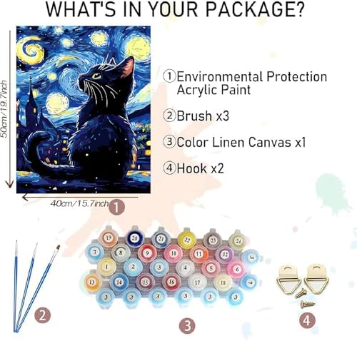 AALBLAC Black Cat Paint by Numbers Kit for Adults Beginners, Cat Adult Paint by Number Kits on Canvas, DIY Acrylic Starry Night Oil Painting for Home Wall Decor 16x20 Inch