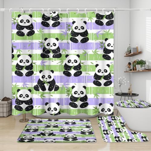 Funny Cute Japanese Panda 4 Piece Shower Curtain Sets,Abstract Cartoon Baby Panda Bears Non-Slip Rugs,Toilet Lid Cover and Bath Mat,Spring Forest Bamboo Print Bathroom Decor Set