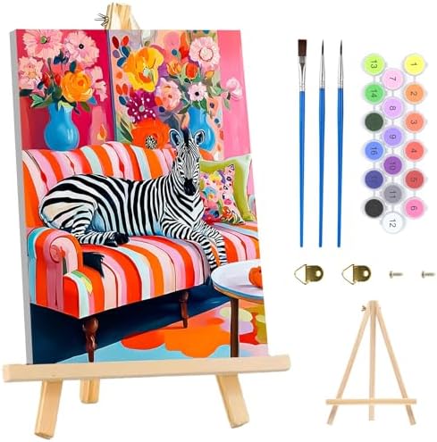 MAXBYE Paint By Numbers Kit for Adults with Frame and Wooden Easel, Zibra Sitting on a Sofa Acrylic Simple Oil Painting Kits for Beginners Gift Home Wall Garden Decor Any Festival 10×14 in
