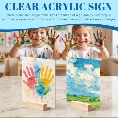 Bercoor 5 Pack 5x7 Inch Blank Clear Acrylic Sign with Wooden Stands, Rectangle Top Acrylic Sheet, DIY Acrylic Rectangle Table Numbers for DIY Name Card Gifts Event Party Sign Decoration