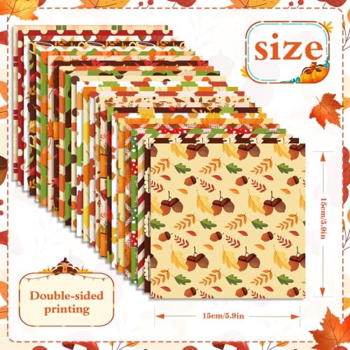 Konsait 24 Sheets Double Sided Autumn Pattern Paper, 5.9 x 5.9 Inch Different Designs Cozy Fall Harvest Geometric Decorative Paper for Junk Journal Scrapbook Thanksgiving DIY Crafts