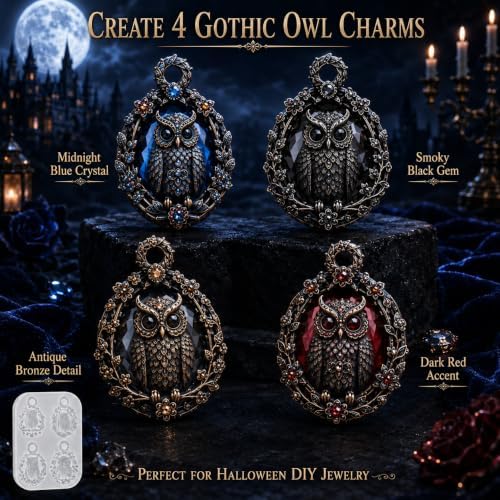 4-Cavity Floral Wreath Owl Pendant Resin Silicone Mold with Hanging Hole, Vintage Cameo Owl Epoxy Resin Casting Mould, DIY Necklace Charm Mold for Halloween Christmas Handmade Jewelry Craft (MT02)