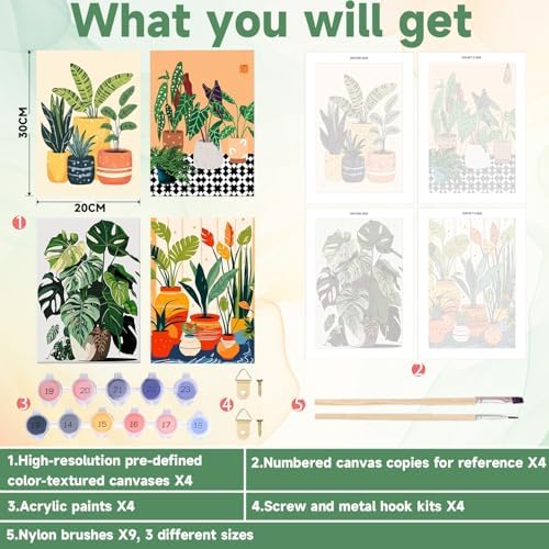 ICYANART 4 Pack Plant Paint by Numbers kit for Adults with Frame and Wooden