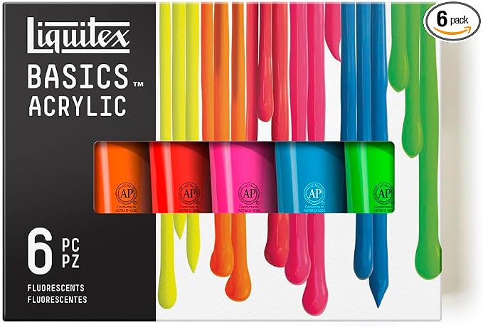 Liquitex BASICS Acrylic Paint Set, 6x118ml (4-oz), Fluorescent | Medium Viscosity, Satin Finish, Lightfast, Fine Art Pigments, Range of Opacities, Easy Blending