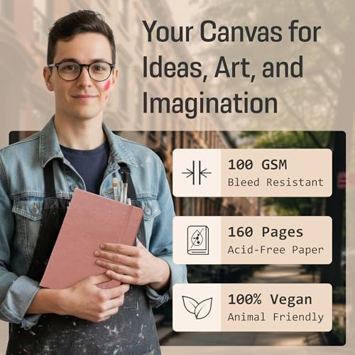 BROWNSTONE JOURNALS A5 Sketch Book Hardcover - 80 Sheets 100 GSM Paper | 5" x 8", Lay Flat, Vegan Leather Cover, Elastic Band, Back Pocket, Compact Art Drawing Book for Adults & Students