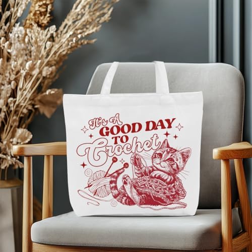 Crochet Knitting Humor Yarn Gifts Canvas Tote Bag, Reusable Grocery Shopping Bags for Crocheters Christmas