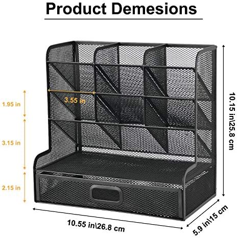 Marbrasse Mesh Pen Holder for Desk, Multi-Functional Pencil Organizer with Drawer, Desk Organizers and Accessories for Office Art Supplies (Large Black)