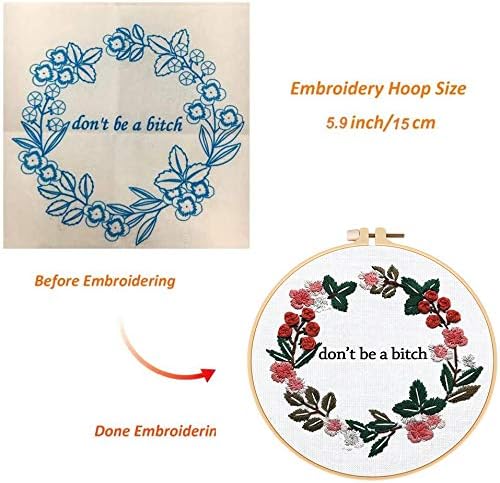 Louise Maelys Cross Stitch Kit Full Range DIY Floral Wreath with Funny Sayimg Embroidery Kit for Beginner