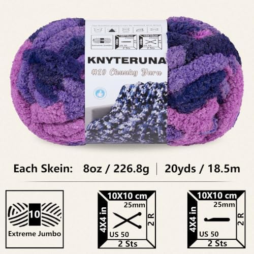 Chunky Yarn for Hand Knitting, #10 Chunky Blanket Chenille Yarn, Large Bulky Thick Jumbo Yarn, Super Chunky Knit Yarn for Crocheting, 8 Skein (8 oz 20 yds Each Skein), Tie Dye Multi Purple