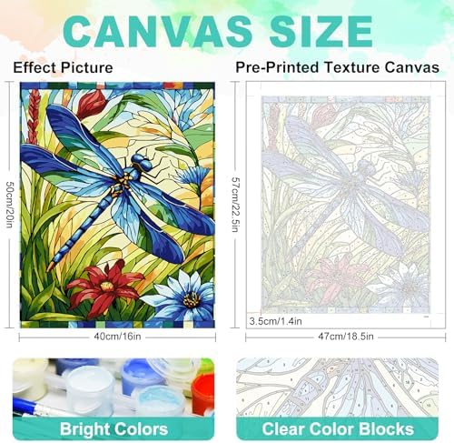Paint by Numbers Kit for Adults, Dragonfly Stained Glass, 16 x 20 Inch | DIY Adult Paint by Number Kit on Canvas for Beginners, without Frame, Nature Wall Decor, Stress Relief Craft Gift