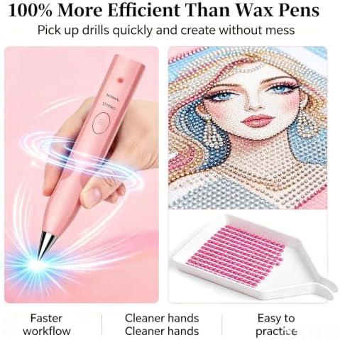 MKLAYB Electric Diamond Drawing Pen Kit, 3 Adjustable Suction Modes Rechargeable Vacuum Diamond Art Diamond Pen with 4 Replacement Heads, No Wax Required 5D Diamond Drawing Tool Accessories (Pink)