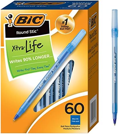 BIC Round Stic Xtra Life Ballpoint Pen, 1.0 mm Medium Point, Blue, 60-Count