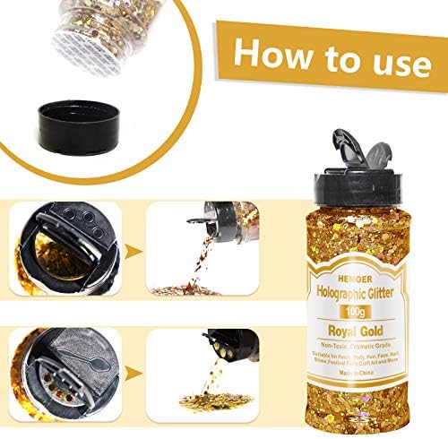 HEMOER Royal Gold Glitter, 100g/3.5oz Holographic Chunky Glitter Mixed Hexagon Chunky & Fine Flakes Iridescent Sequins for Epoxy Crafts, Resin, Nail Body, Tumblers, Party Decoration