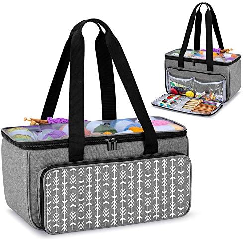 Yarwo Crochet Bag Knitting Organizer, Yarn Storage Tote with Multi-Pockets
