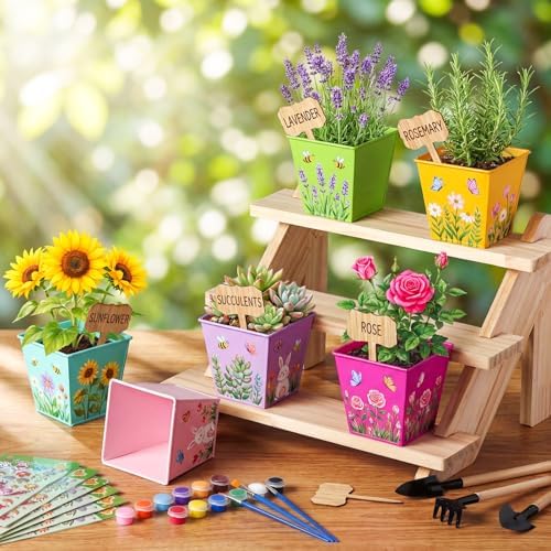 6 Sets Flower Pot Painting Kit DIY 6 Colorful Metal Iron Plant Pots Acrylic Paint Stickers Brushes Plant Labels Gardening Tool Kit for Planting Crafts Mother's Day Graduation Creative Gift