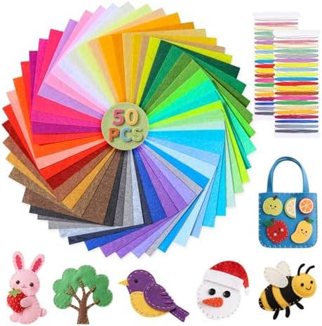 moinkerin 50Pcs Felt Sheets for Crafts with Thread 4"x4" Felt Fabric Sheets Assorted Colors 1mm Stiff Felt for Crafting DIY Handwork Sewing Patchwork (50 Colors)
