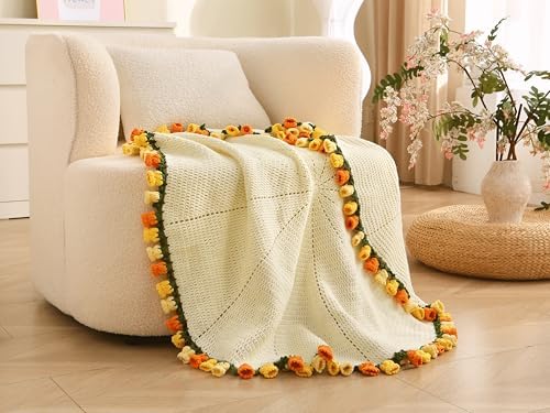 HZYZW Crochet Flower Blanket Kit for Beginners, 40'' Lily of The Valley Bouquet, Blanket Shawl Throw Kits for Adults, How to Knitting with Yarn, Home Decor Gifts for Crocheters (White-Yellow Lily)