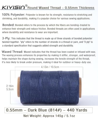 Round Waxed Polyester Thread 0.55mm, 440 Yards, Dark Blue, Stiff 3 Ply Leather Wax String for Hand Sewing, Beading, Knotting, Book Binding, Upholstery, Macrame Jewelry and Bracelets Making
