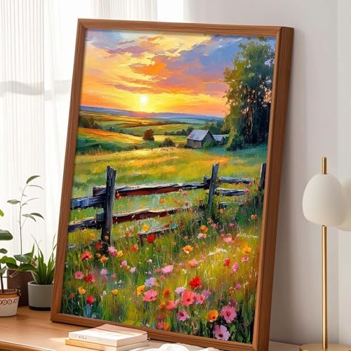 Alptiny Sunset Farm Paint by Numbers Kit for Adults Beginner, Countryside Landscape with Flowers Paint by Number Kits, DIY Oil Painting Kit for Relaxation & Home Decor, 16x20 Inch