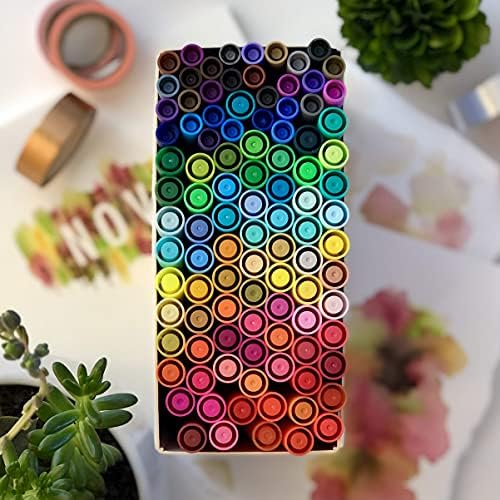 Primrosia 100 Dual Tip Marker Pens, Fineliner and Watercolor Brush Pens for Art Sketching Illustration Calligraphy or Journals Drawing Coloring