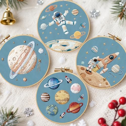 FREEBLOSS 4 Set Embroidery Kit for Beginners Adult Astronaut Stamped Embroidery Starter Kit with Instructions Needlepoint Accessories and Supplies for Stitch Craft, 2 Hoops 20cm/7.9inch