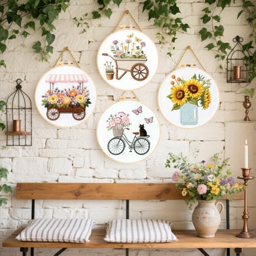 FREEBLOSS 4 Sets Embroidery Kit for Beginners Needlepoint Embroidery Starter Kit with Flower Theme Stamped Patterns, Instructions, Colored Threads, 2 Hoops 20cm/7.9inch