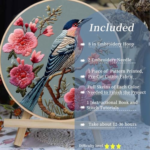 FONNUY Embroidery Kit for Beginners, Hummingbird Flowers Pre-Stamped Pattern Kits for Adults with Hoop, Easy to Follow Color Thread Needlework, 8''Hoop (Blue)